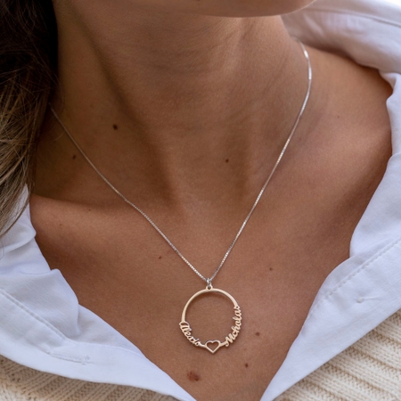Two Names Circle And Heart Necklace