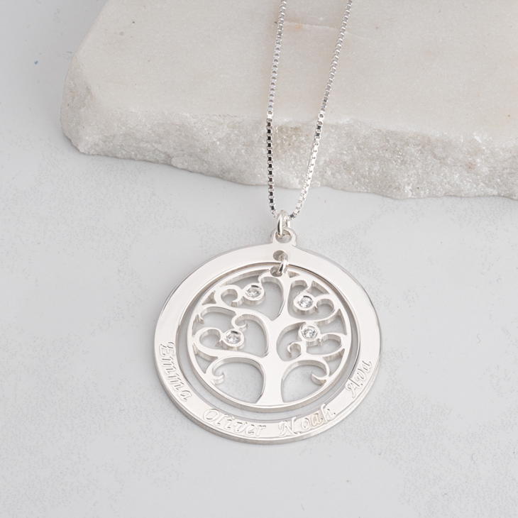 Family Tree Diamond Necklace With Names model