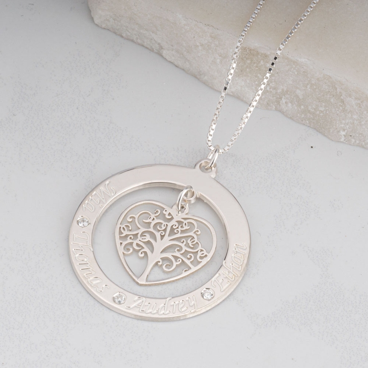 Engraved Tree of Life Necklace With Names and Diamonds model