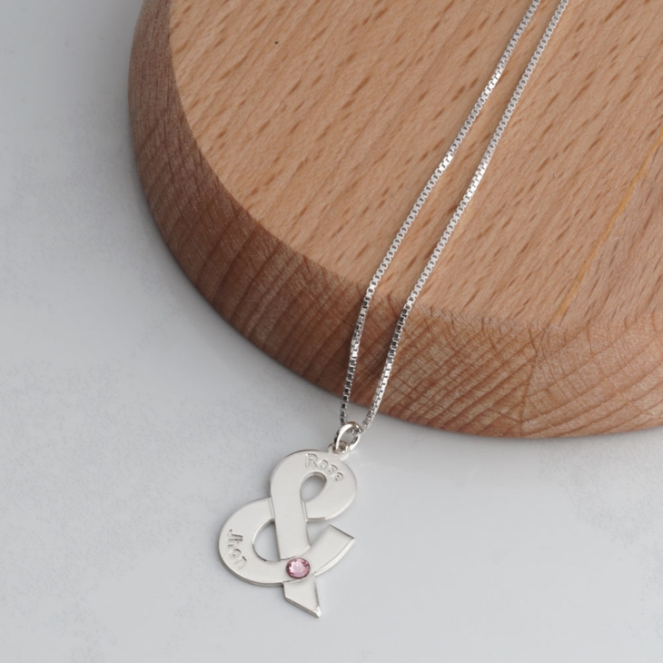 Ampersand Couples Necklace With Names and Birthstone model