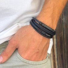 Men's Leather Engraved Bracelet - Thumbnail Model