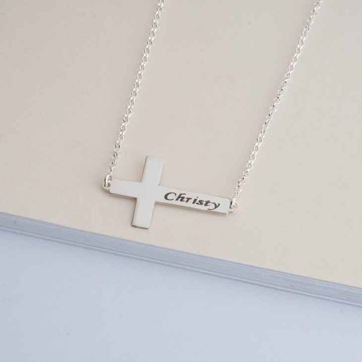 Sideways Personalized Cross Name Necklace model
