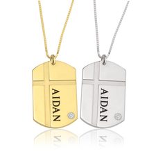 Mens Cross Dog Tag Necklace with Cubic Zirconia