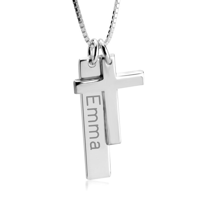 Engraved Bar Necklace with Cross
