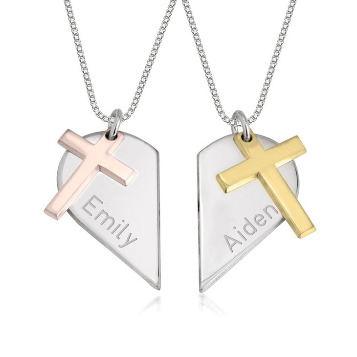 Two Tone Couples Heart Necklace with Cross