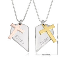 Two Tone Couples Heart Necklace with Cross - Thumbnail Information