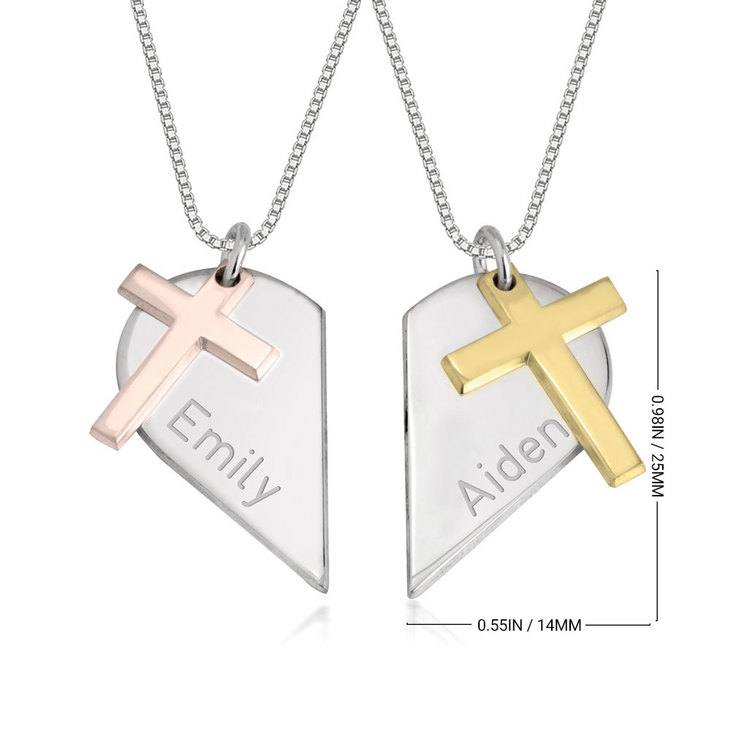 Two Tone Couples Heart Necklace with Cross information