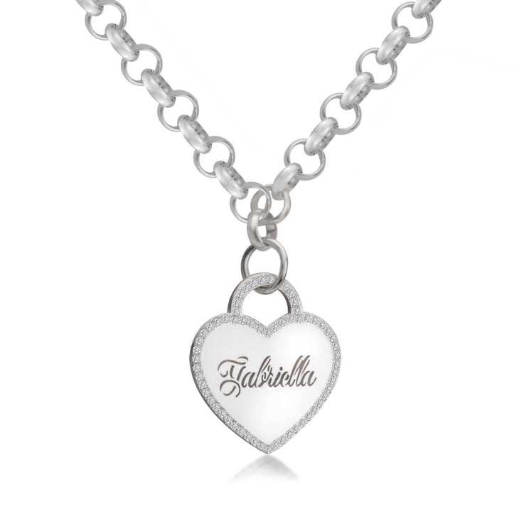 Engraved Heart Necklace with Cubic Zirconia