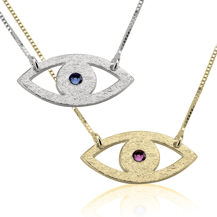Brushed Evil Eye Necklace With Birthstone
