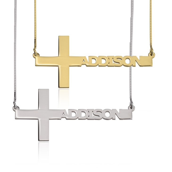 Cut Out Sideways Name Cross Necklace